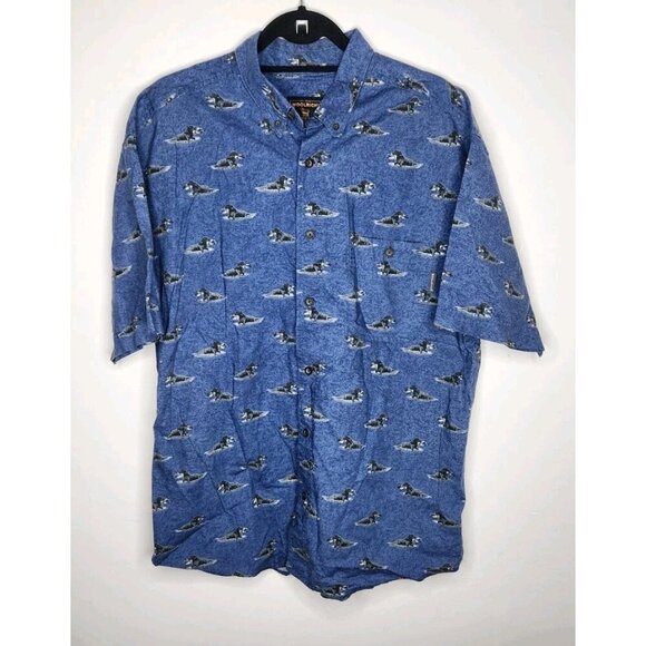 VTG Woolrich shirt men's short sleeve indigo dogs cotton hunting birddogs  L - Picture 1 of 6